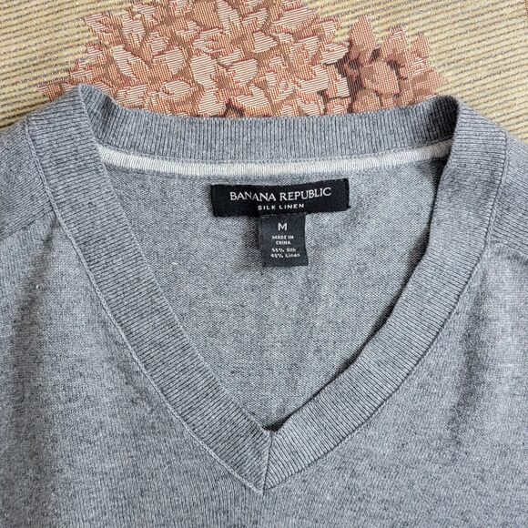 Banana Republic Sweater Mens Medium Gray Silk Linen Blend Long Sleeve V Neck - Picture 9 of 12